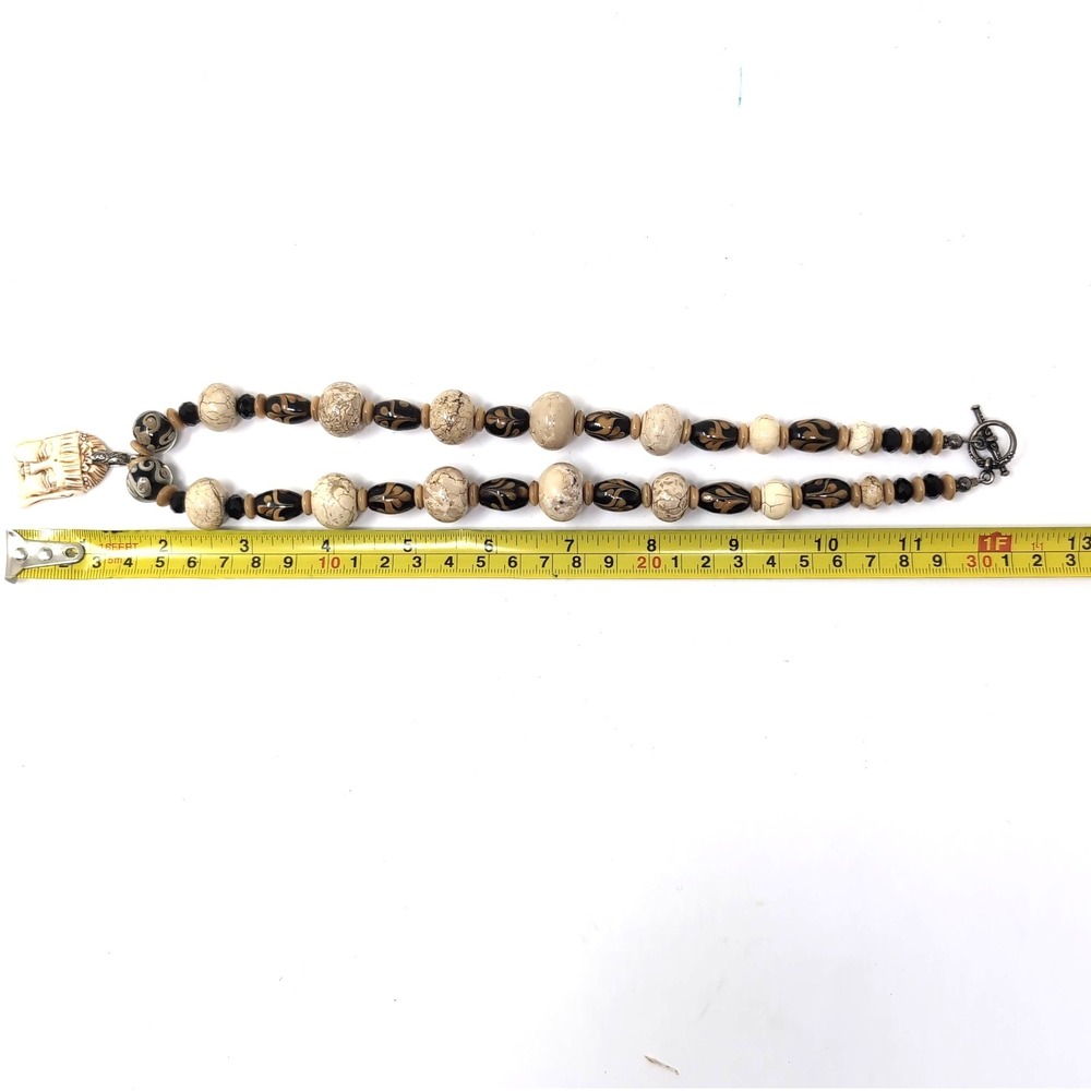 Buddha Head Pendant Beaded‎ Statement Necklace Toggle Clasp Neutral Beads Boho - Picture 5 of 5
